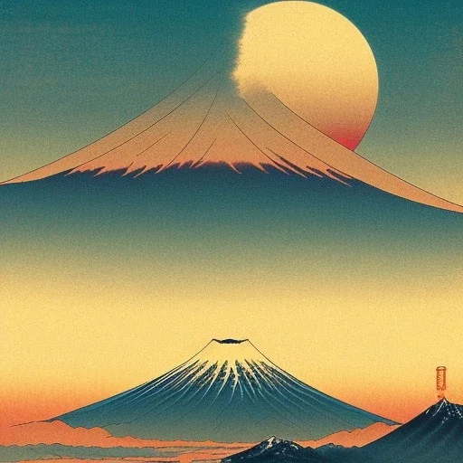 Ukiyo-e Style , mount fuji, sun set