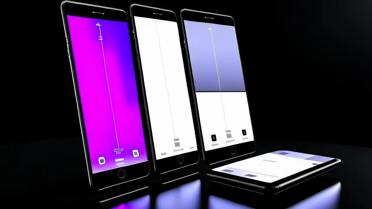 3 vertical layered smartphone screens, white, left side perspective, dark ambience