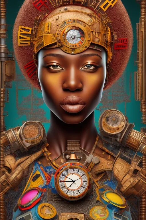 african portrait in rusted clocks, clock face, rust, scaffolding, ghana colours, cyberpunk, high detail