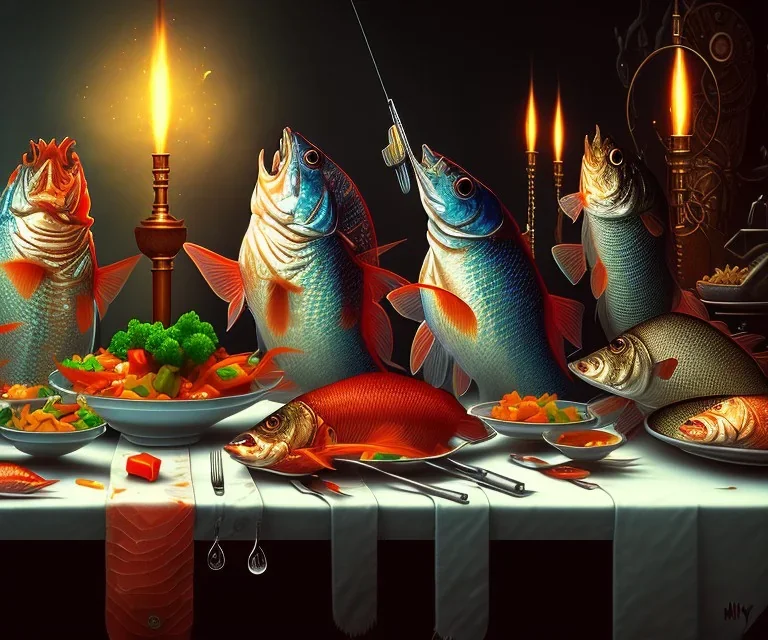 supper, fish sit at the table and eat pieces of people.