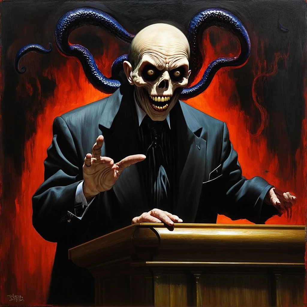 evil undead peaching preacher at intimidating pulpit, by Michael Whelan and Stephen Gammell, horror art, matte oil painting, expansive, dark colors, vivid Lovecraftian preacher juxtaposed against an enveloping black tentacle rich nightmare, palpable textures, distressing hues, Whelan's distinctive visceral style, rich sharp color, modern horror