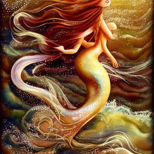 watercolor fantasy open sea waves mermaid curls pearls sky pearls gold glitter liquify