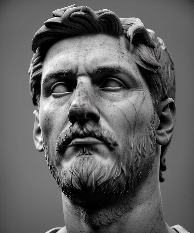 Ultra Realistic image, roman sculpture, marble deluxe material, Lionel Messi, Laurel leaves crown model, miguel angel style, chisel style, emperador, waist up portrait, cinematic lighting, God light, god rays, 4k resolution, smooth details, ornate details, soft lighting, unreal engine 5, soft cyan background.