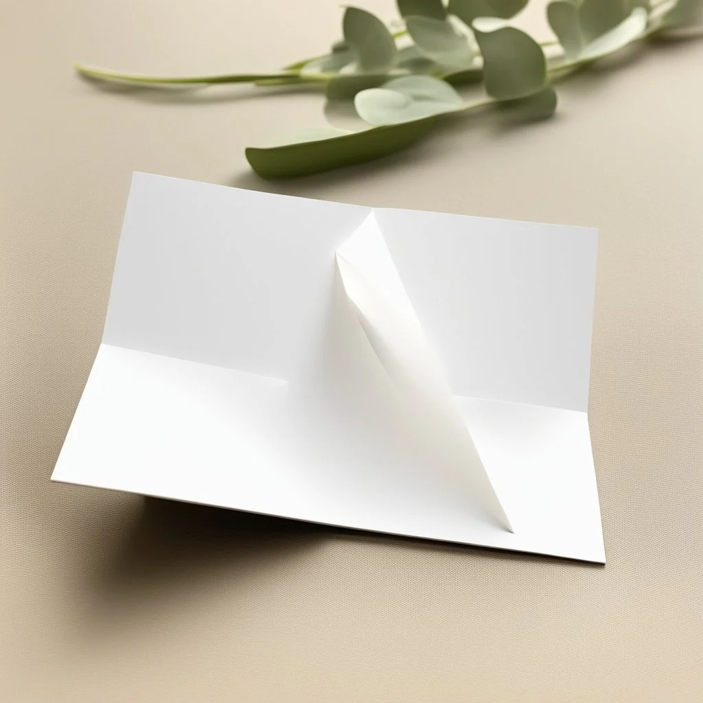 A photo of a white folded card, 5.5 by 4.25 inches. The card is laying vertically on a beautiful white surface.