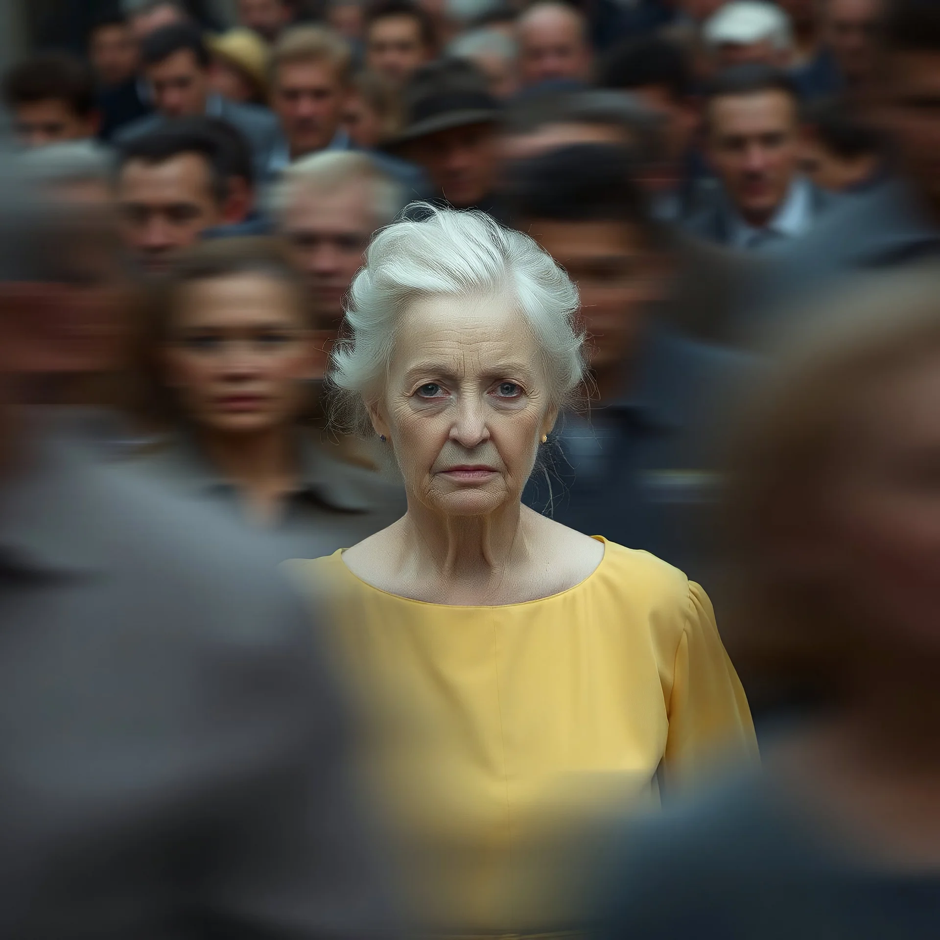 Fotografía cinematográfica de larga exposición 75 MM LENTE, de una mujer MADURA DE CABELLO BLANCO, con el pelo recogido y un vestido AMARILLO, que mira directamente a la cámara. La mujer está quieta y enfocada, pero está rodeada por una multitud de personas en movimiento vestidas de gris y marrón apagado con desenfoque de movimiento. Sensación de pérdida, soledad, aislamiento y tristeza —