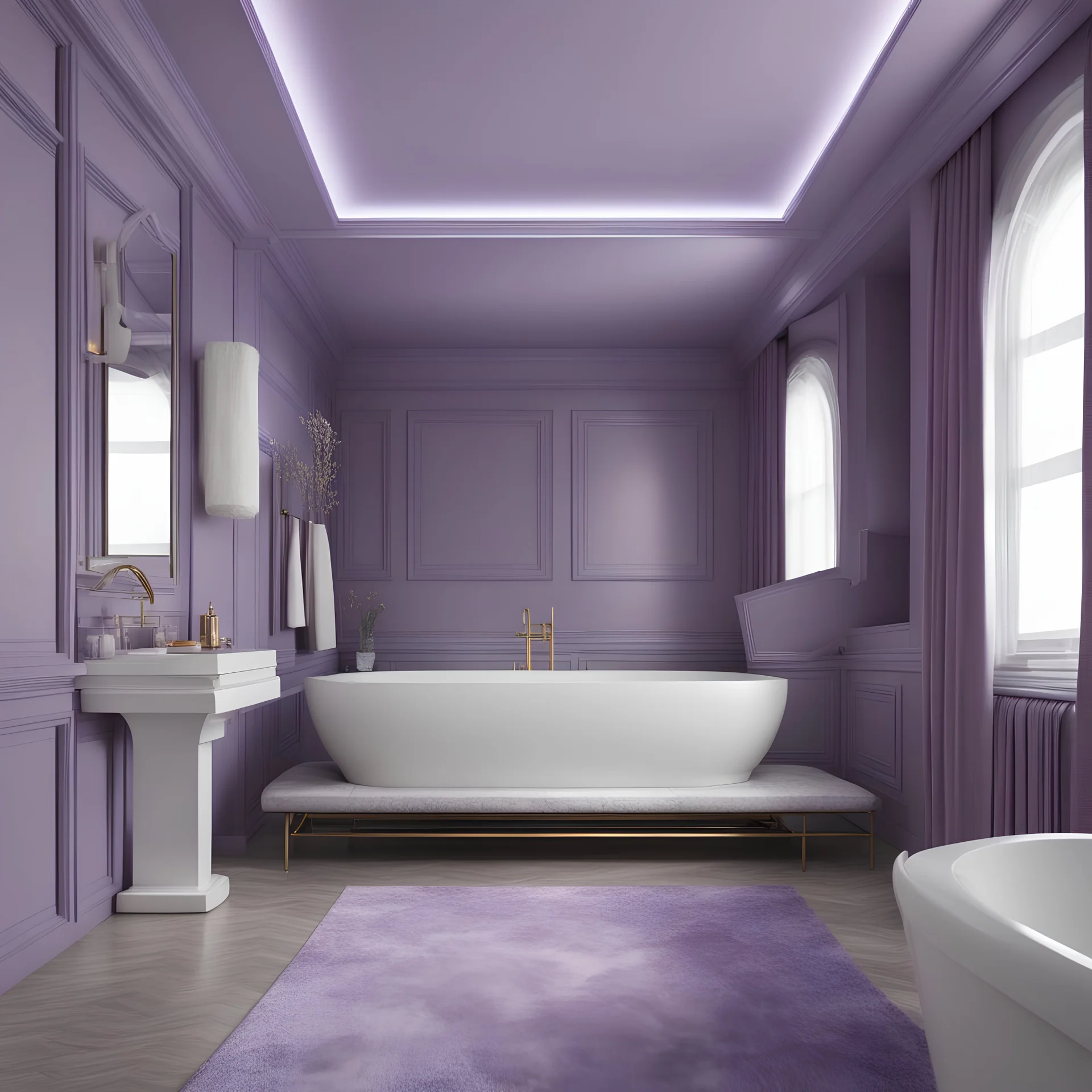 hotel bathroom, modern classic style, lavender colors, 3d