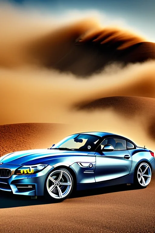 a realistic photo of a bmw z4,the car is spray painted with graffiti, desert background with sand storm to make the car stand out, colorful and stylish graffiti, 12k highly detailed and realistic , Masterpiece, dramatic product shot