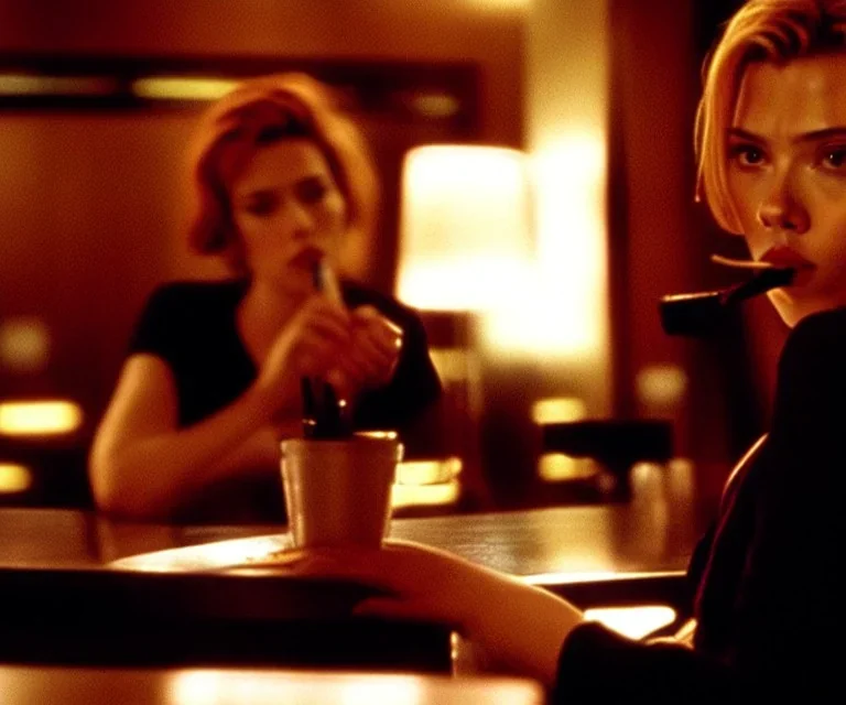 Scarlett Johansson in Lost in Translation, at the counter of a hotel bar, staring into space and smoking.