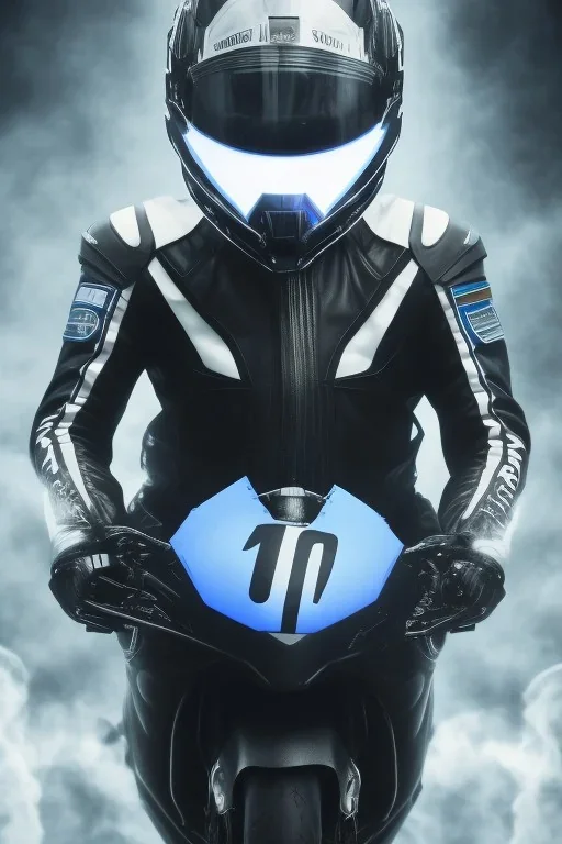 All Black racing suit AnnaSophia Robb, portrait, ghost mask, wearing high tech racing helmet, white smoke, dark, rage, sorrow, high definition, ultra 8 k, volumetric lighting, blue fire, fog