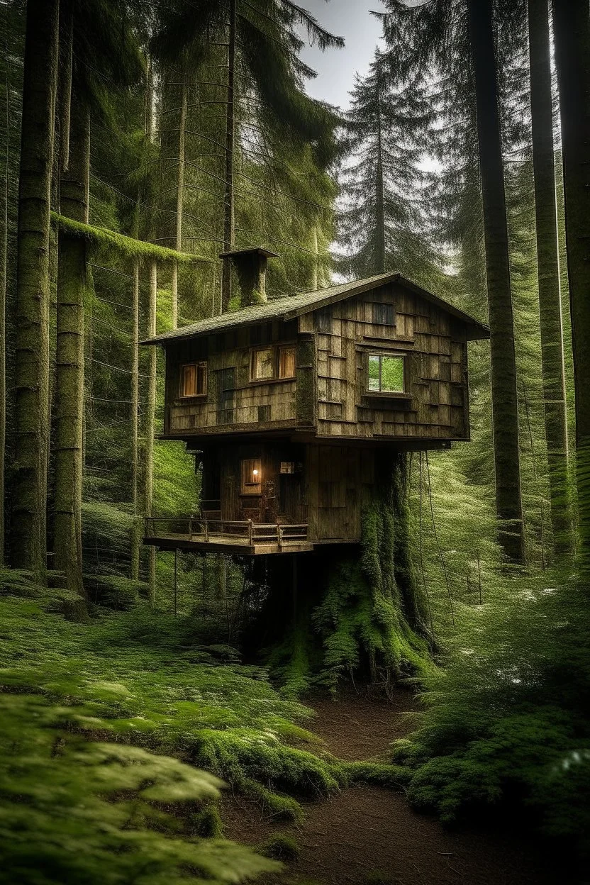 a tiny house in the high end of a big tree, in the middle of a dense forest.