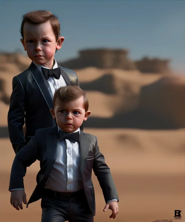 James bond toddler, full body, gun, car, dramatic lighting, hyper realistic