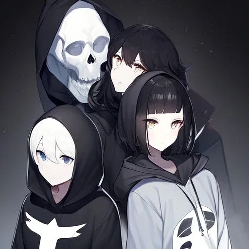 Clear focus,High resolution,High quality, Two girls, One with a hood one, Both have short or medium hair length, they both are wearing a black hoodie with a white skull drawn on it