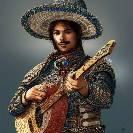 portrait,"Insanely detailed photograph of a mariachi warrior", highly intricate chainmail charo,colorful Sombrero,elegant, highly detailed D20, digital painting, artstation, concept art, smooth, sharp focus, illustration, art by artgerm and greg rutkowski and alphonse mucha, 8 k