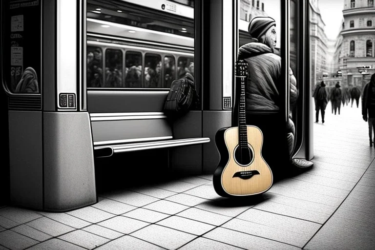 One single mature cat, guitar case, wearing clothes, sitting in the subway, Vienna, friendly, sunny day, model style, hyper realistic, extremely accurate, delicate, extremely detailed, Graphic novel style, wide-angle, open aperture, superfine pencil