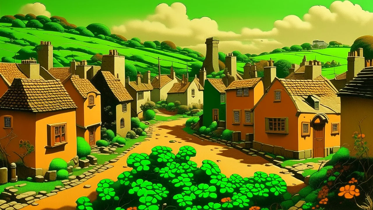 A brownish bronze Irish town with clovers designed in ancient Egyptian pottery painted by Frank Wilson