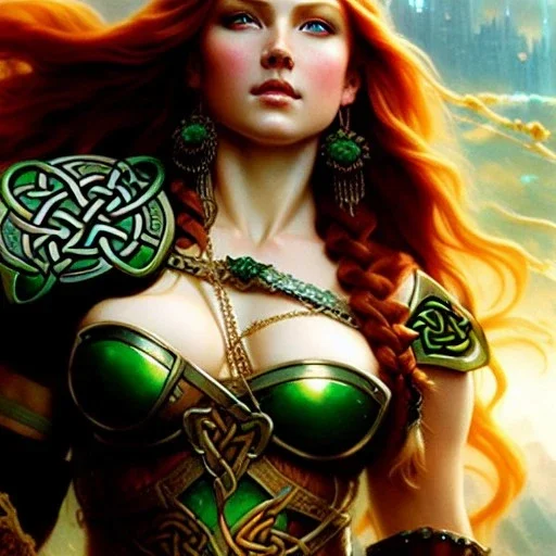 portrait 'beautiful Sexy Busty Redhead Sif',braided long hair,horned helmet, celtic tattoed,crystal clear green eyes,painting by gaston bussiere, greg rutkowski, yoji shinkawa, yoshitaka amano, tsutomu nihei, donato giancola, tim hildebrandt, oil on canvas, cinematic composition, extreme detail,fit full head inside picture,32k