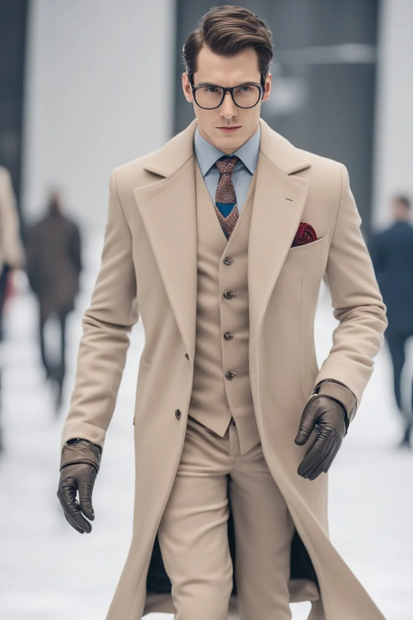 a Clark kent Superman winter fashion runway with modern clothes by Superman style clothes, embroidery elegant fashion beige tones