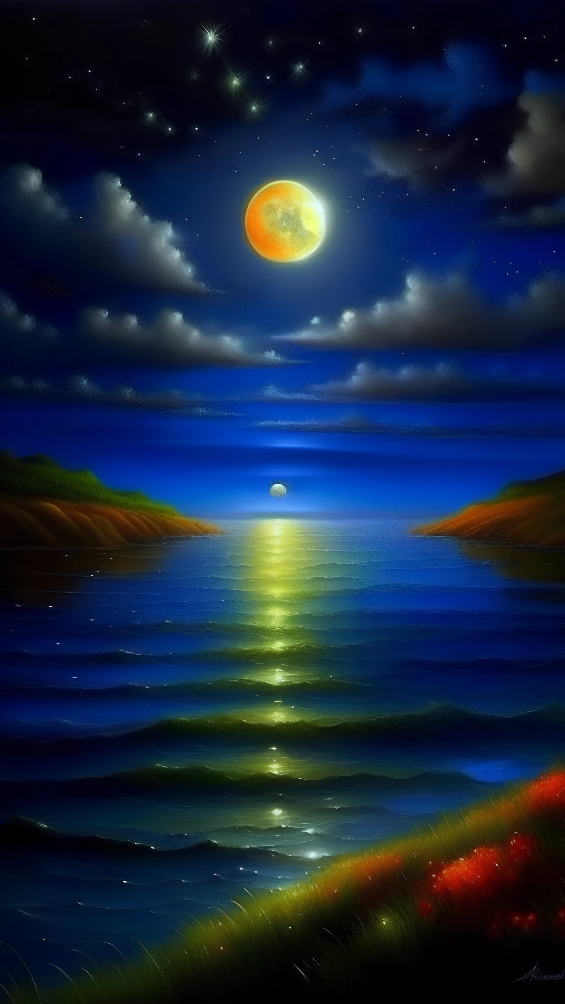 Best Quality, Masterpiece, Ocean, Night, Stars, Moon, Beautiful, Colorful, Water, Realistic