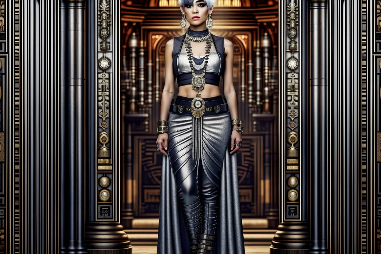 Creation: full body and headshot of a skinny Cleopatra, with a silver bob hairstyle, standing in a steampunk setting.