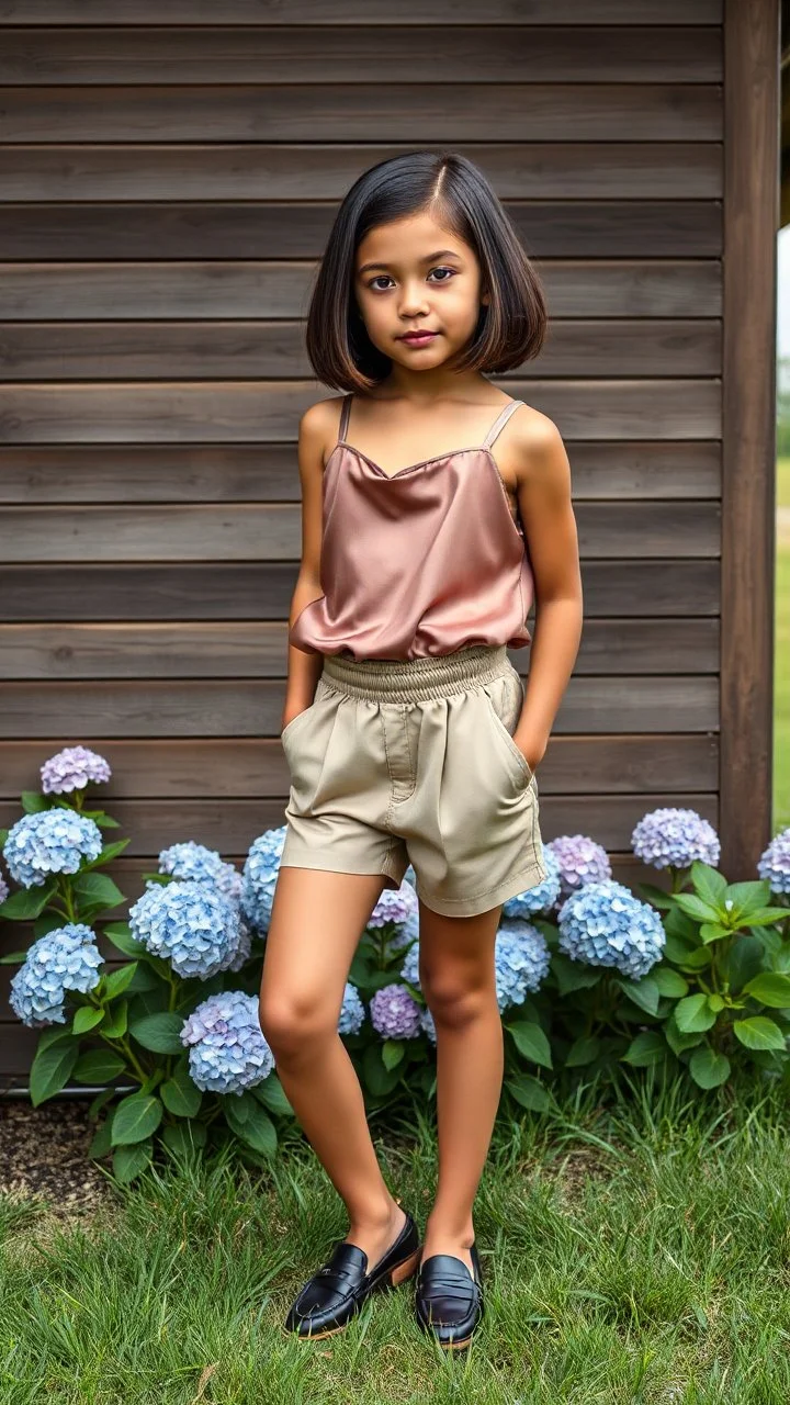 Fashion editorial shot, full-body. A stunning child model with a mature, realistic expression, flawless natural makeup, and a sleek bob haircut. High-fashion outfit: a silk camisole, designer high-waisted shorts, and stylish loafers. Posing confidently against the wooden wall of a modern farmhouse, with hydrangea bushes and a field in the background. Clean, sharp photography, Vogue magazine style, dramatic natural light.