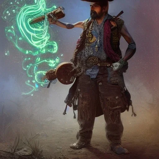 Insanely detailed photograph of an “ a mustachioed cowboy warrior "with worn Sombrero, handsome charo,cigar,glowing bluish green orb in outstretched hand, hyperdetailed painting by Ismail Inceoglu Huang Guangjian and Dan Witz CGSociety ZBrush Central fantasy art album cover art,8K, hdr, mysterious, flickeringlights ,Stoic