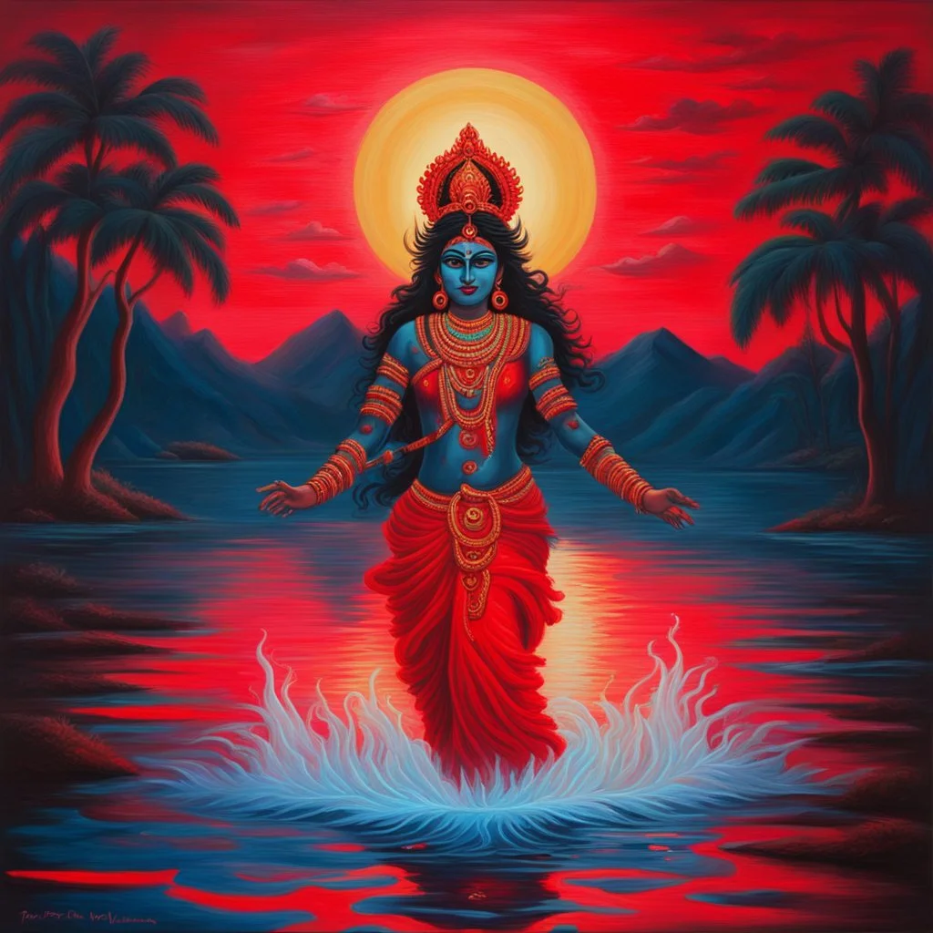 An oil painting of goddess Kali crossing a lake, neon red colors