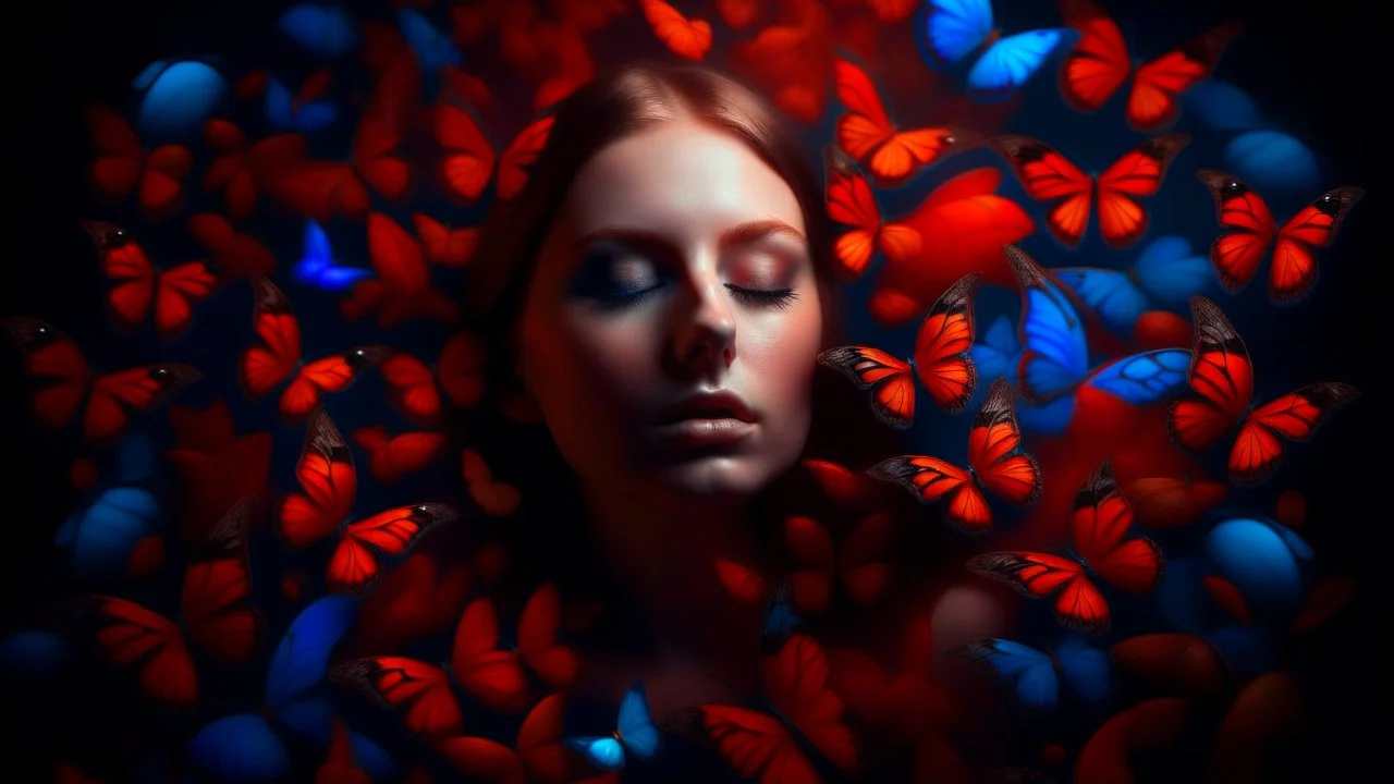 A surreal portrait of a woman's face surrounded by colorful butterflies in various shades of red, orange and blue. The woman's eyes are closed, giving the image an ethereal, dreamlike quality. The background is dark, allowing the butterflies to stand out and create a visually striking composition.