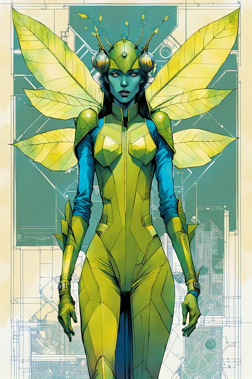 Hand drawn technical,full body portrait illustration , with detailed blueprints and engineering schematics of a walking leaf insect girl, in the comic book art style of BILL SIENKIEWICZ and JEAN GIRAUD MOEBIUS, with highly detailed facial features, drawings, and technical notation, 8k, vibrant natural colors