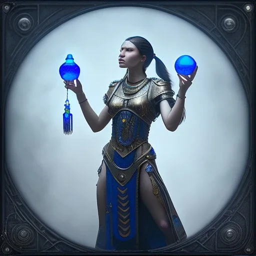 a native woman holding a blue crystal up to the sky and screaming, steam punk, realistic, made in octane, cinematic, ultra-realistic, extremely detailed octane rendering, 8K, VRAY Super Real ar 2:3, dof photorealistic futuristic 50mm lens hard lighting dark gray tintype photograph, realistic lighting