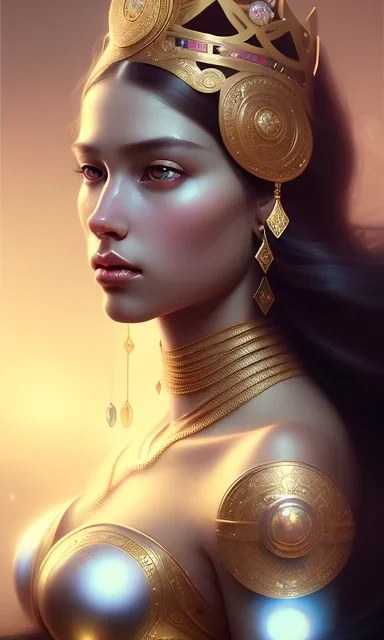 Arab queen , cute, beautiful, long hair, wavy hair, black eyes, head and shoulders portrait, 8k resolution concept art portrait by Greg Rutkowski, Artgerm, WLOP, Alphonse Mucha dynamic lighting hyperdetailed intricately detailed