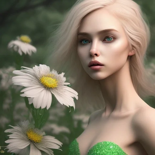 blonde hair, fairy, green, beautiful, hyperrealism, masterpiece, expert, cinematic lighting, sharp focus, 8K, pastel, macro lens, woman, detailed, flower