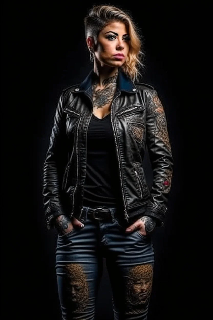 full body portrait of a fit woman with chest tattooed extremely muscular body in expensive designer leather jacket