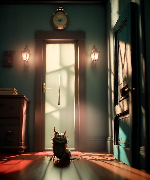 Wes Anderson photographer, night, room, monster peeking behind the ajar door, Ultra realistic, punk style, wide angle view, soft color, highly detailed, unreal engine 5, ray tracing, RTX, lumen lighting, ultra detail, volumetric lighting, 3d, finely drawn, high definition.