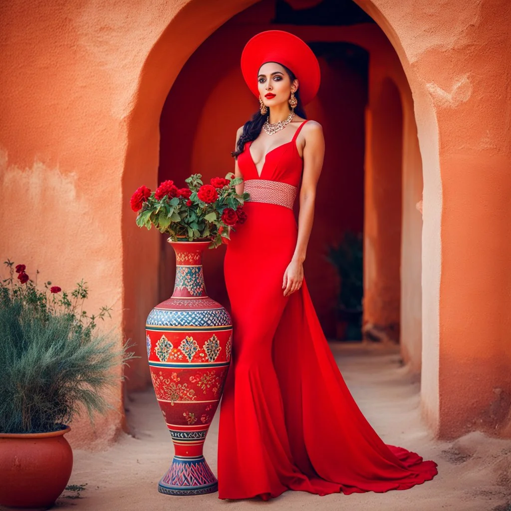 a woman in a red dress holding a vase, creative colorfull - makeup, moroccan city, cursed images, with professional makeup, inspired by Nassos Daphnis, hand built ceramics, influencer, funny hat, extremely long forehead, very very very beautifull face, amphora, real life photo of a syrian man, wine, identical picture, gourdsvery nice country side with hills ,waterfall over a river with clear water,girls with perfect pretty face in folk costums and a jar, filling their jugs with water and some of