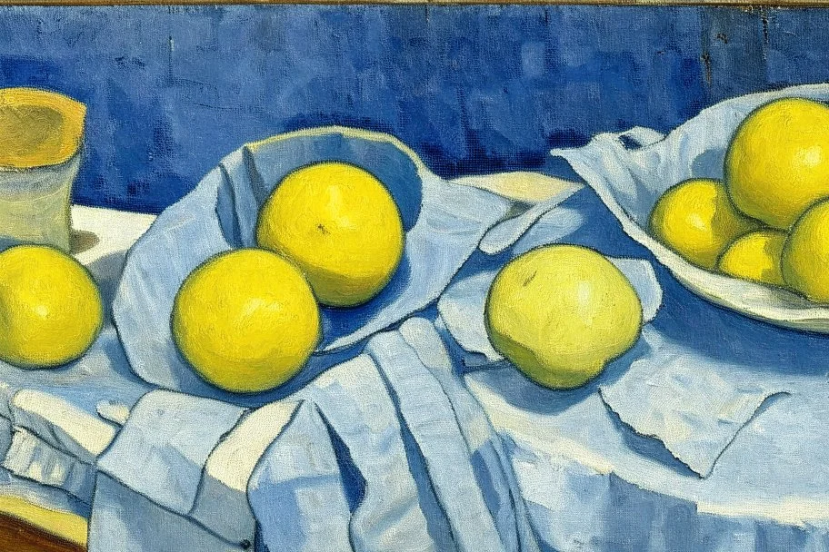 Lemons on a table with a blue napkin, impressionnist oil on canvas by Paul Cézanne, 1887