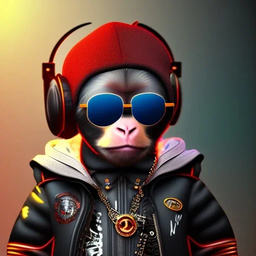 Monkey toddler, steampunk headphone, sunglass, gangsta neckless, full body, red leather jacket, tokio background, dramatic lighting, hyper realistic, unreal engine 5, 16k