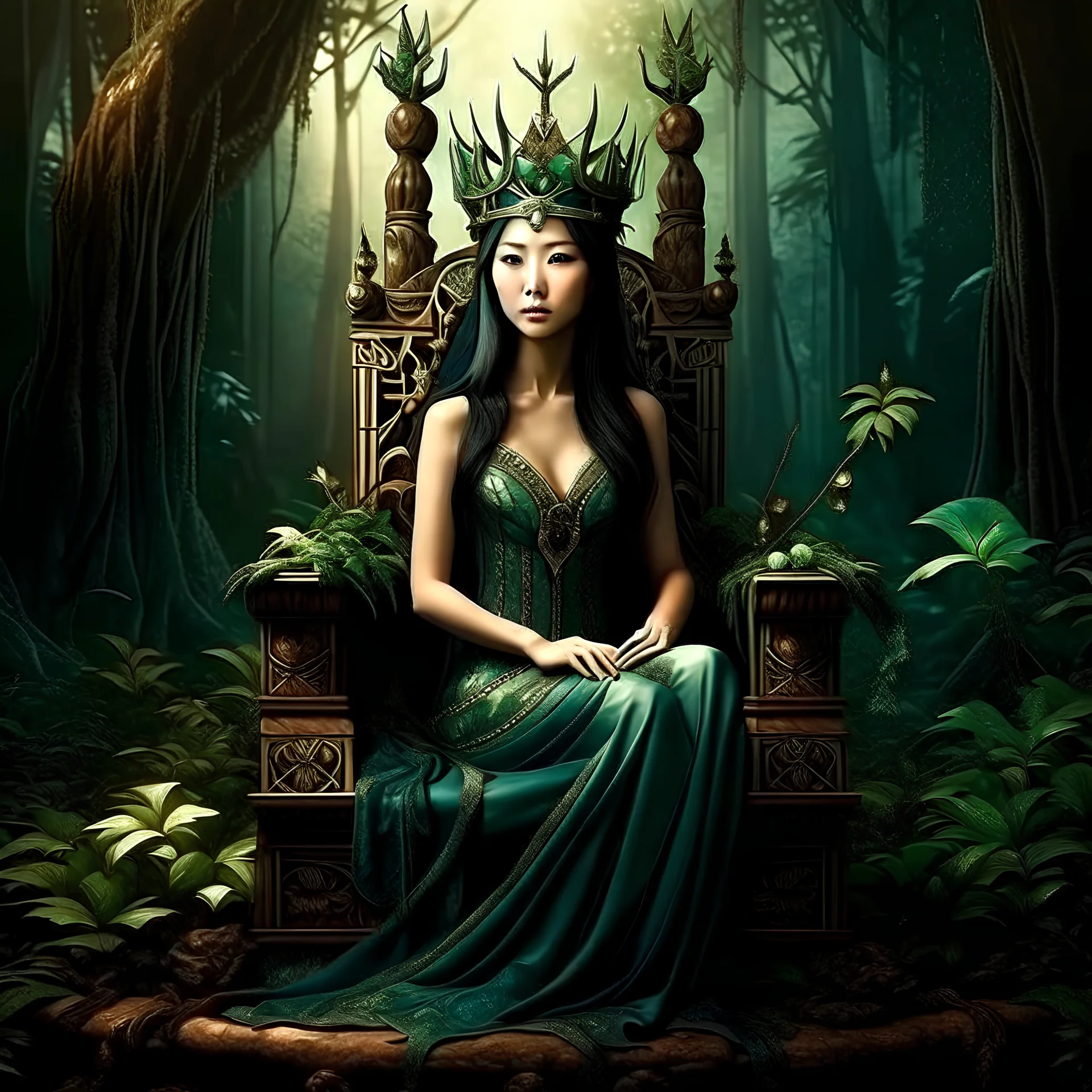 A beautiful as a model asian woodland elf princess who looks like Lucy Liu seated on a throne in a mystical forest