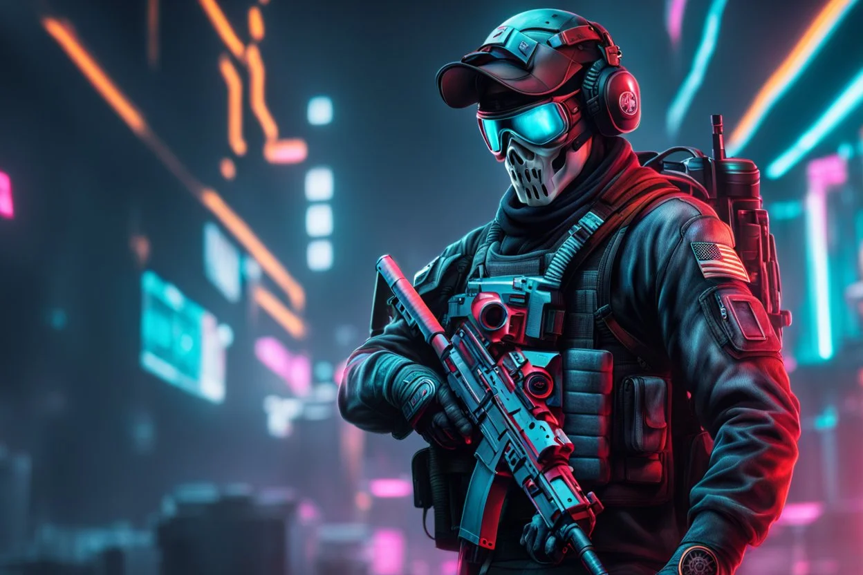 Soldier Ghost with skull mask in 8k realistic cyberpunk drawing style, call of duty them, close picture, neon, intricate details, highly detailed, high details, detailed portrait, masterpiece,ultra detailed, ultra quality