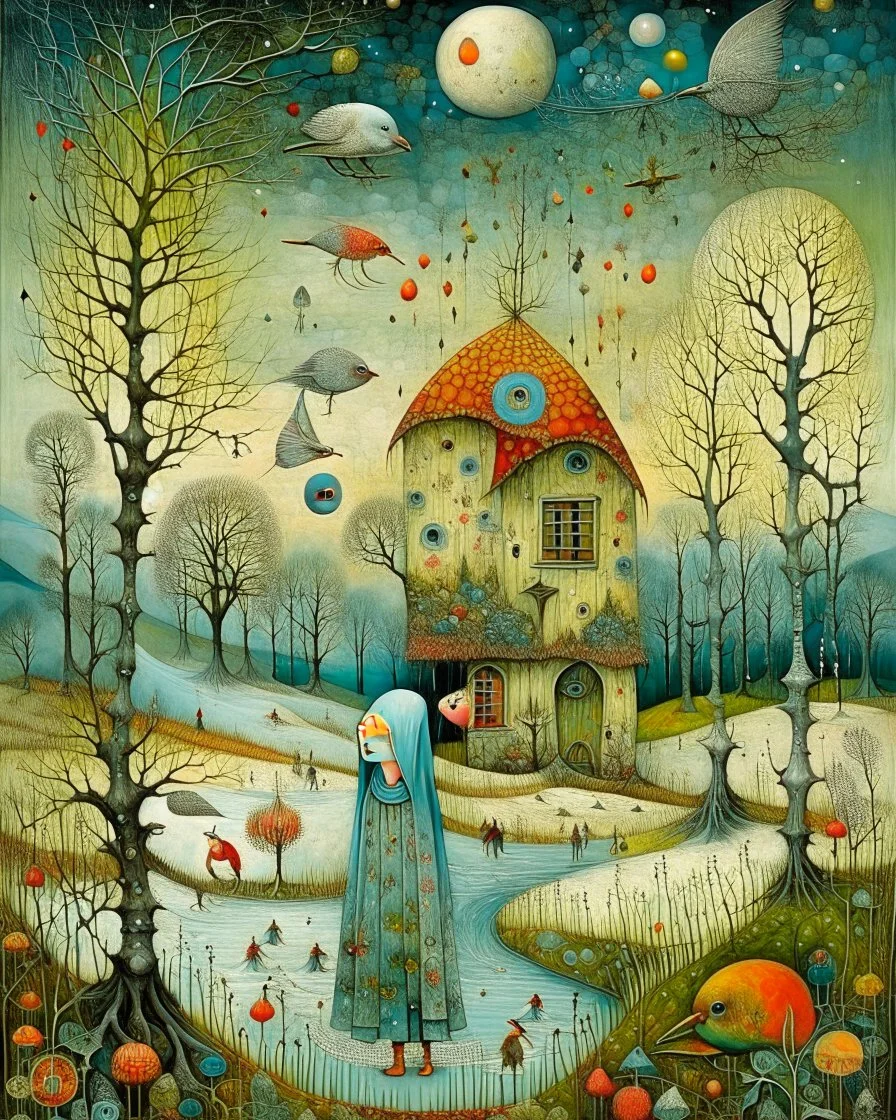 Richly textured Hieronymus Bosch, Catrin Welz-Stein, William Turner, Zdzisław Beksiński, Jacek Yerka oil on canvas zentangle line art style mix, surreal frosted fantasyland winter oceanscape, hoarfrost on trees, high grasses, snow and cottages, withered flowers, pale sunrise; paint splatter, beautiful vibrant colors, reflections, SK, flying seagulls, dramatic clouds, snowfall.