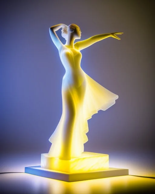 translucent glass alabaster sculpture, backlight, an Art Deco dancer statue in a dress, very emotional, welcoming, love, luminescence, sculpture, photograph, studio lighting, product photography, figurine, unreal engine, cryengine, ambient occlusion