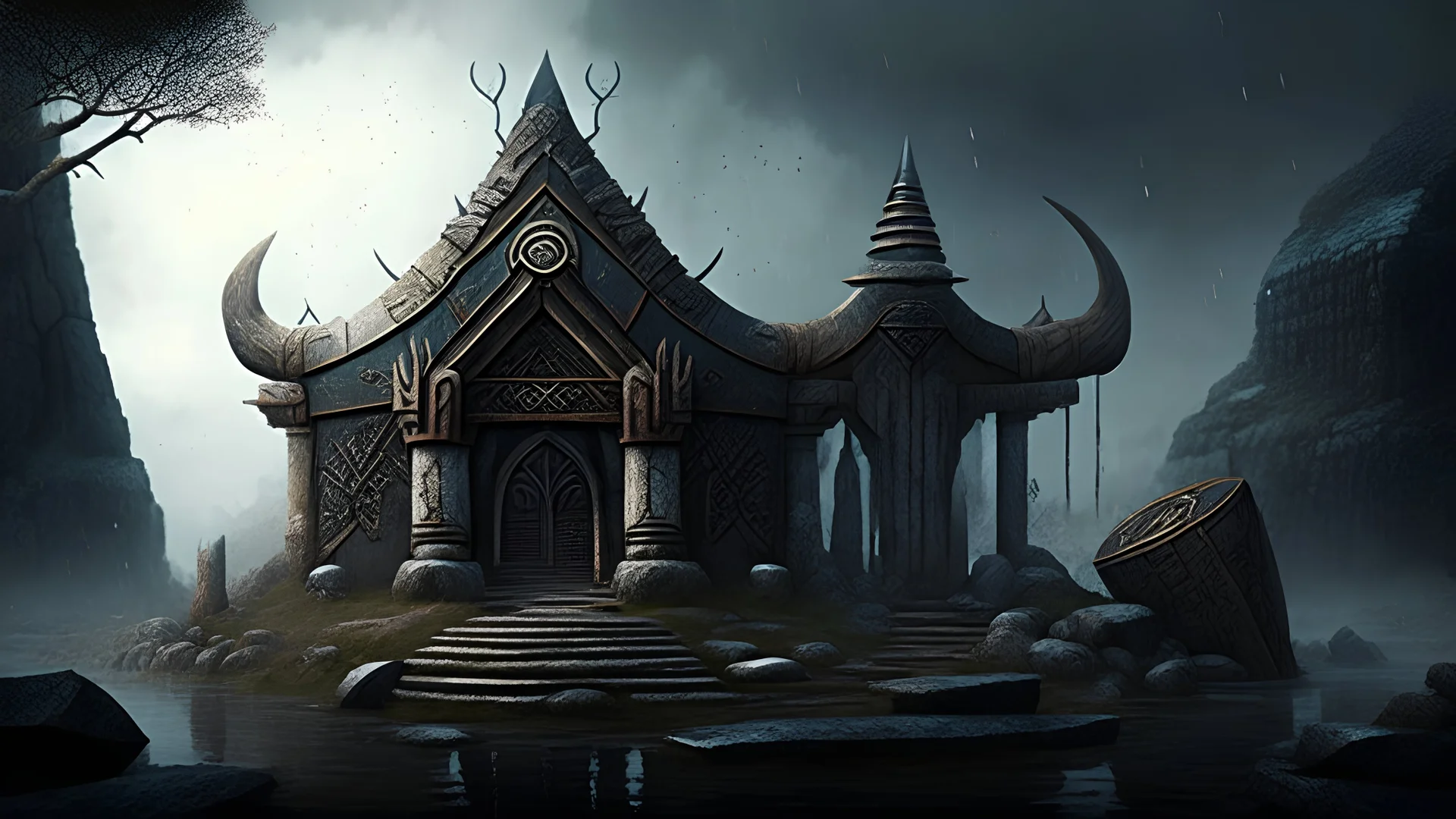 a fantasy temple in a viking style