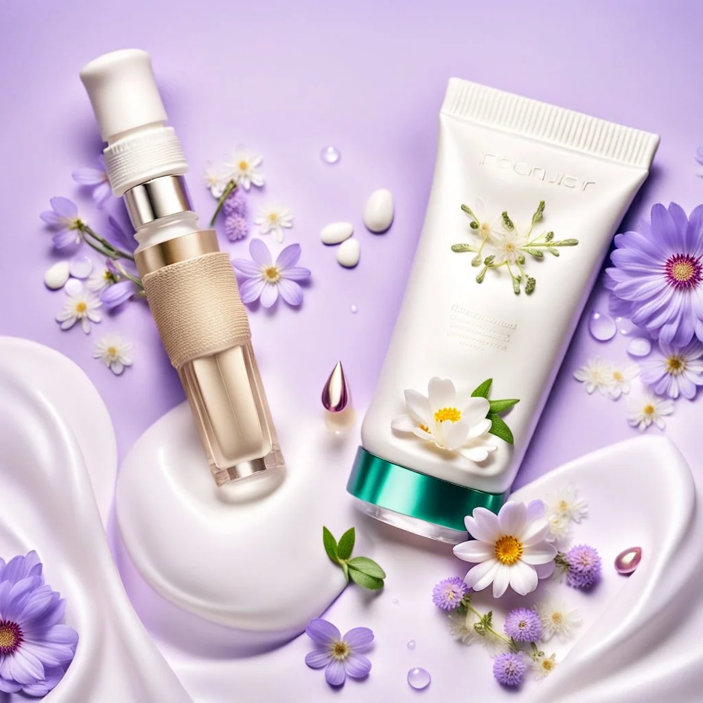 a bottle for cosmetics and a cream jar lies on a beautiful floral background top view, in the background there are beautiful spring flowers and a drop of cream, high-quality picture, top view