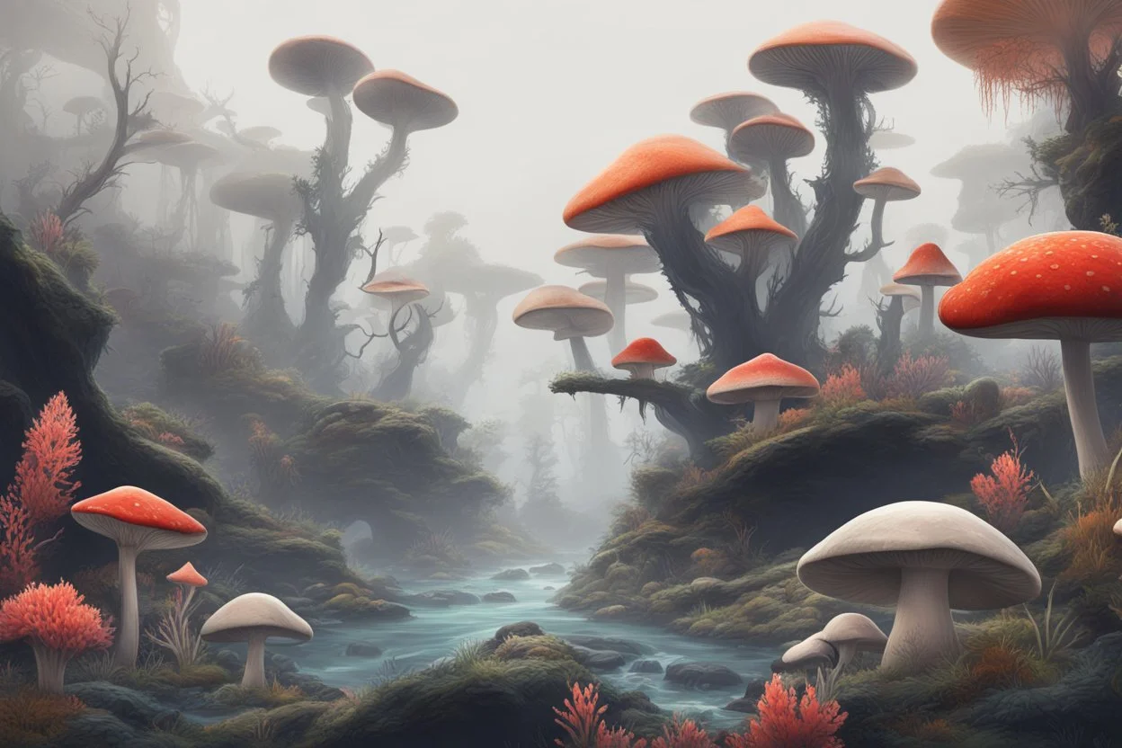 Exotic Flora, fauna, mushrooms, fungi and coral at the End of the Multiverse black liquid Land