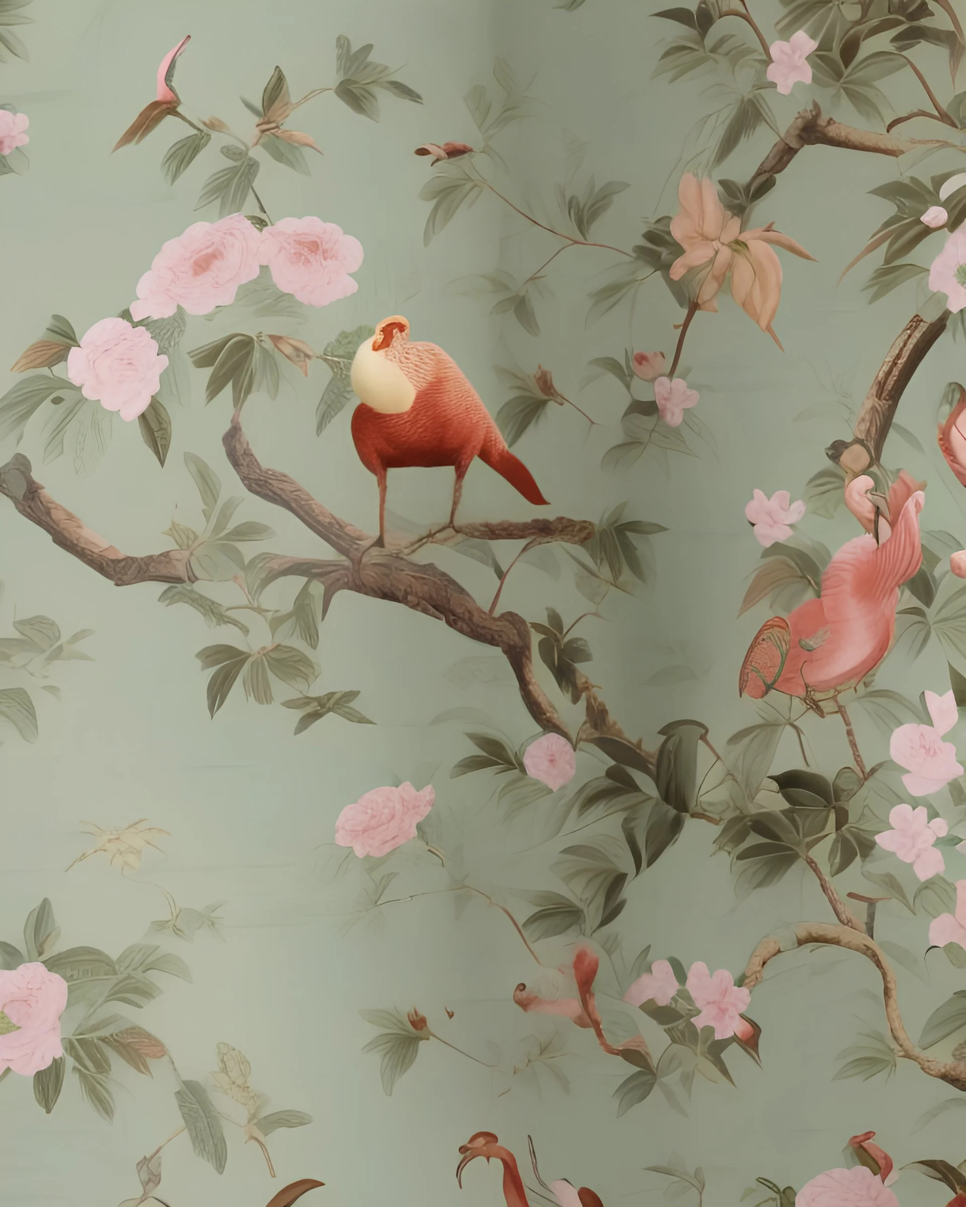 Vintage European chinoiserie wallpaper with dodo bird and oak leaf branches