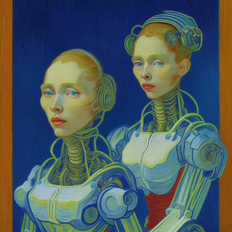 Portrait de femme robot par van gogh couleurs très vives très lumineux contraste