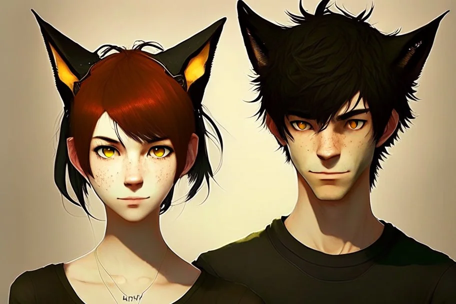 A young adult male with messy black hair, gold eyes, black cat ears, realistic, slight smile standing with a young adult female with short red hair, dark green eyes, large orange fox ears on top of her head, slight smile, pale skin, realistic