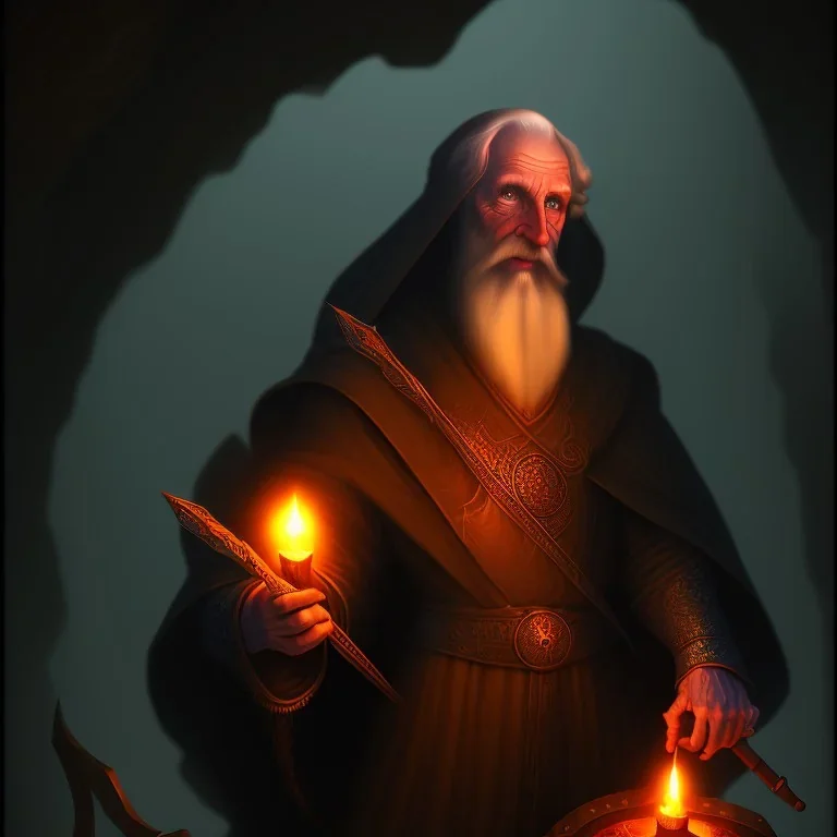 Old human wizard in dark robes in a dark cave covered in darkness