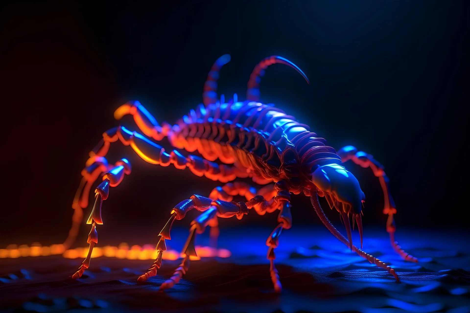 3D Print of an abstract insect alien, organic, neon infusion, spikes, vectorial, glowing, scorpion centipede, hybrid, orange and purple, Controlled Randomness, depth of vision, depth of field, sharpness 35%, Low Light Photography, Unreal Engine 5, OctaneRender, object illumination, ambient occlusion, metallic texture, static background, aesthetic, cyber, glossy, glow, bloom, surrealism, bones