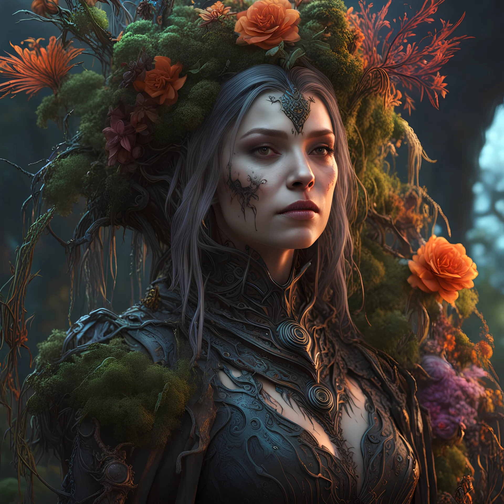 Expressively detailed and intricate 3d rendering of a hyperrealistic: witch, wide shot, cyberpunk plants and flowers, neon, vines, flying insect, front view, dripping colorful paint, tribalism, gothic, shamanism, cosmic fractals, dystopian, dendritic, artstation: award-winning: professional portrait: atmospheric: commanding: fantastical: clarity: 16k: ultra quality: striking: brilliance: stunning colors: amazing depth