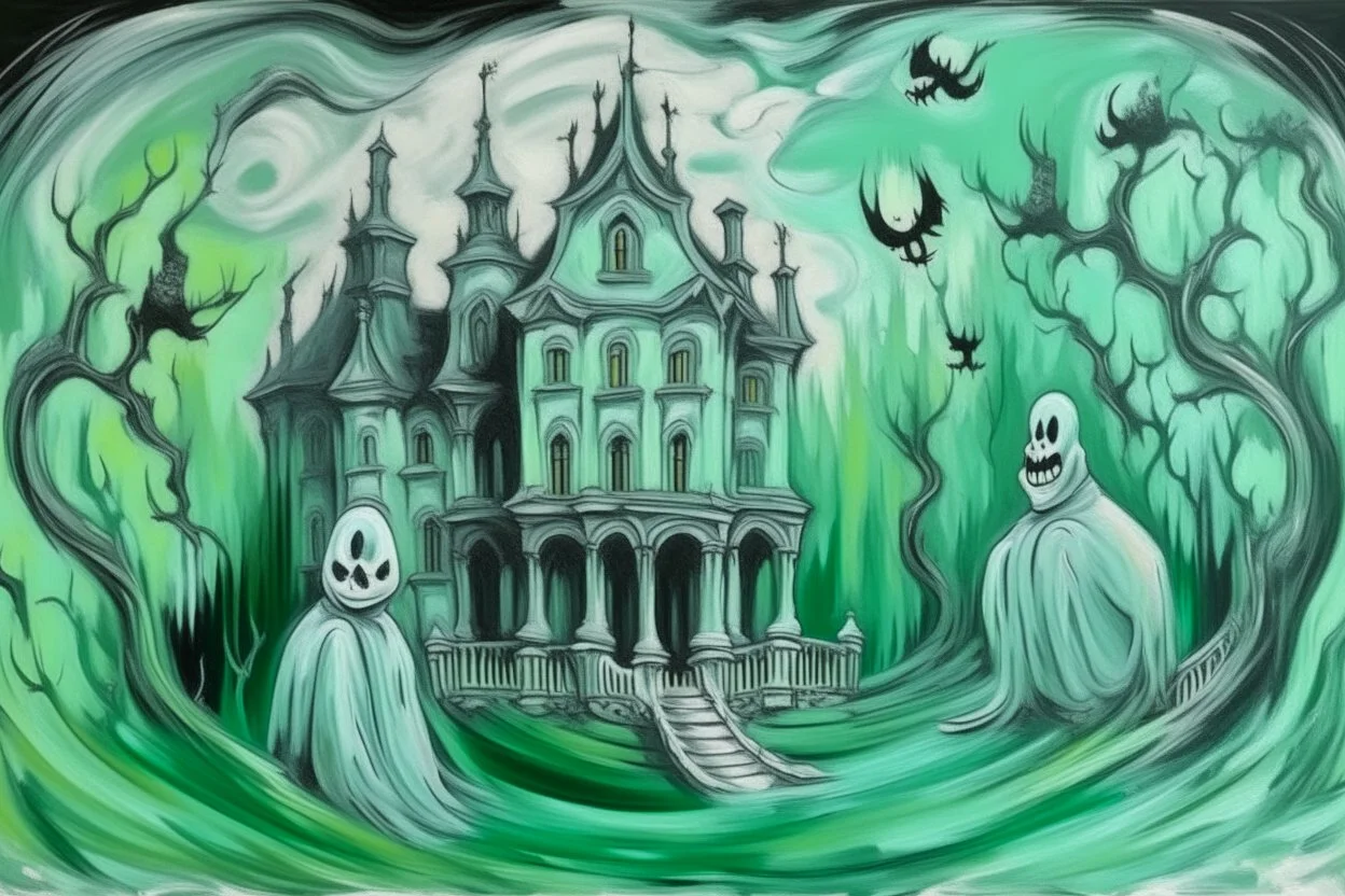 A mint colored haunted mansion with ghosts painted by Claude Monet